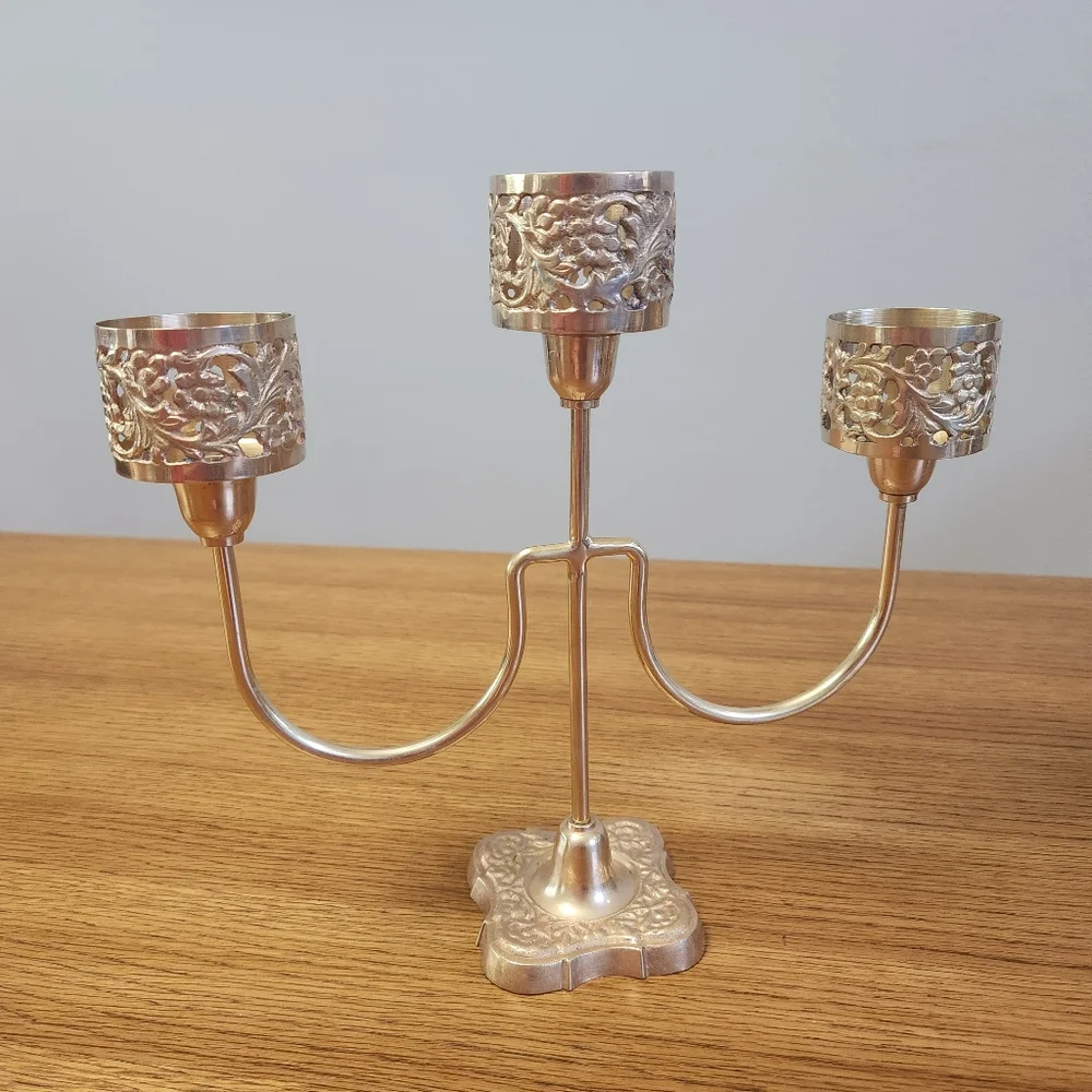 Vintage MCM Brass Floral 3 Arm Candle Holder Candelabra - Picture 3 of 11